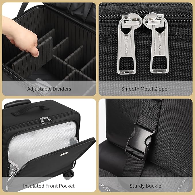 Rolling Makeup Bag, Makeup Artist Bag Professional Makeup Case on Wheels Cosmetics Organizer Bag Makeup Suitcase 2 in 1 Extra Large Cosmetology Case with 360° Swivel Wheels and Adjustable Dividers - Image 7