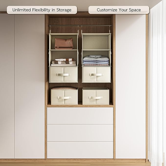 Vailando 3-Shelf Hanging Closet Organizer, Set of 2 Hanging Shelves with 2 Drawers for Wardrobe, Nursery, Baby Clothes Storage and Organization, Beige - Image 5