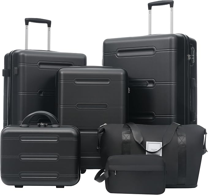 6 Pcs ABS Hardshell Luggage Set Spinner Wheel Suitcase Suitcase All Black by Merax