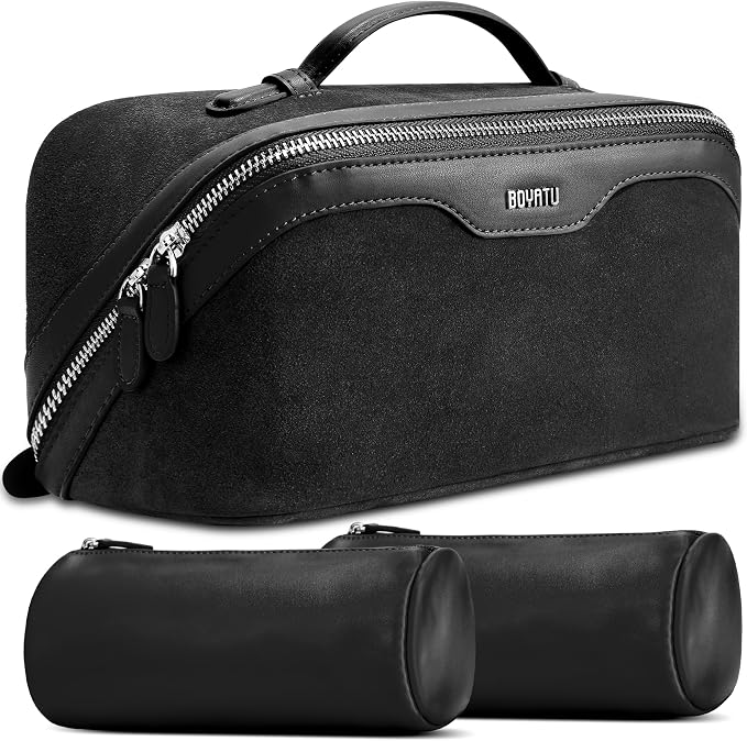 BOYATU Genuine Leather Travel Makeup Bag: Large Capacity 3 Pcs Set Cosmetic Bags for Women - Designer Waterproof Hand-made for Toiletry Organizer - Travel Essentials for Elegance (07Suede-Black) by BOYATU