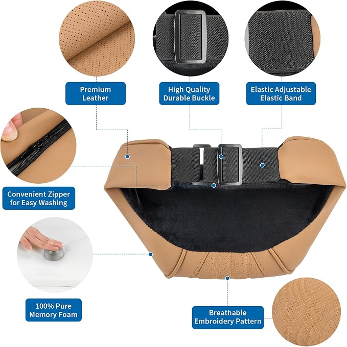 Car Headrest Pillow for Driving Memory Foam Palomino Brown 1 Pack | Soft Comfortable Leather Seat Head Rest Pillow Headrest Travel Neck Support Cushion for Most Cars SUV Home Office Chair - Image 2