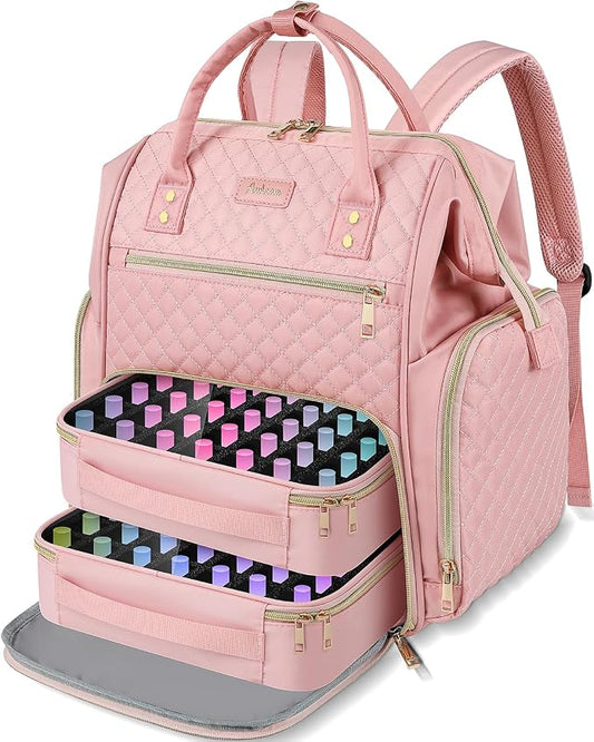 Large Nail Polish Organizer Bag Backpack Holds 70+ Bottles(15ml/0.5 fl.oz) UV Nail Lamp,Nail Organizers and Storage with 2 Removable Pouches Fits Nail Tool,Gift for Manicurist，Pink by Awlcaw