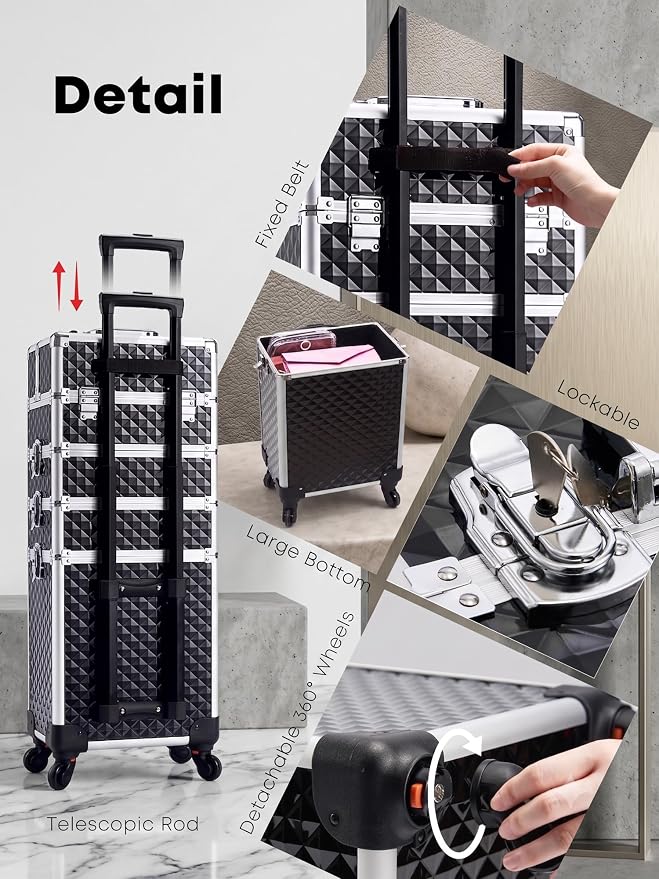 4-in-1 Cosmetology Case on Wheels Portable Rolling Makeup Train Case | Rolling cart for cosmetic supplies, Portable storage for makeup artists/hairstylists/nail technicians/beauty enthusiasts - Image 7