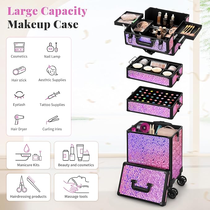 Rolling Makeup Train Case with Lid Cosmetology Case on Wheels | 5 in 1 Large Cosmetic Trolley Organizer Travel for Hairstylist Artist Nail Beauty Salon Barber Cart Trunk, Gravel Pink - Image 4