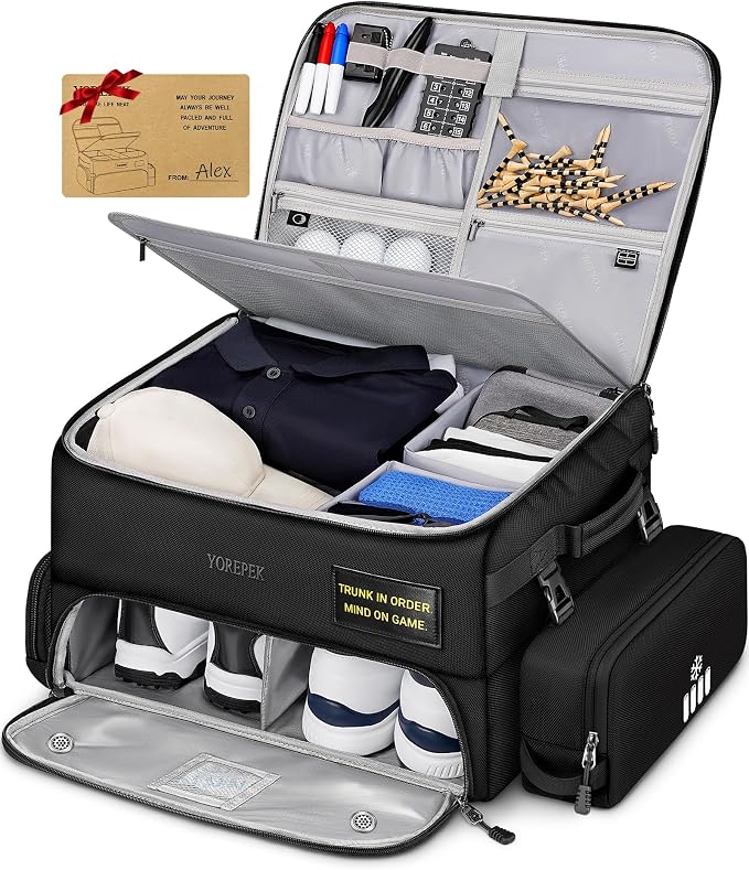 YOREPEK Upgraded Golf Trunk Organizer, Golf Gifts for Men, with Removable Insulated Pouch&Dust-Proof Protective Layer, Multi-Compartment fits 2 Pairs of Shoes, Golf Accessories by YOREPEK