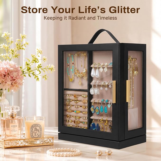360° Rotating 5‑Drawers Jewelry Box with Top Handle & Glass Window, Spacious Vertical Jewelry Organizer, Jewelry Storage Case, Dustproof & Moisture‑resistant Design, Black - Image 3