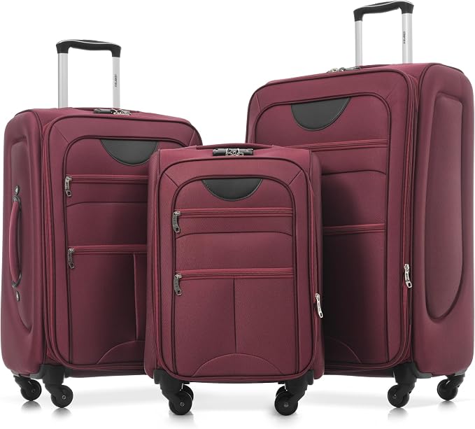 Merax Softside Luggage Set Softshell Lightweight 3 Piece Spinner Suitcase | Travel Suitase with TSA Lock Spinner Wheels Lightweight Upright Luggage,Red by Merax