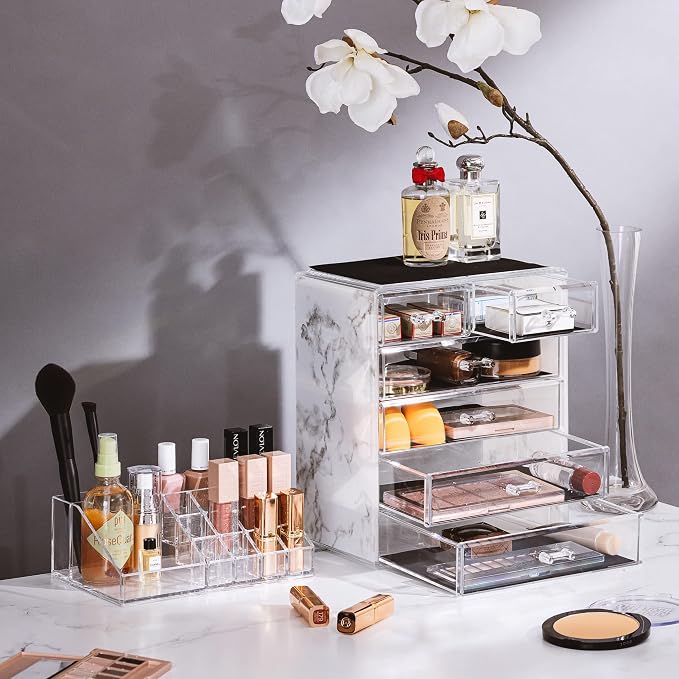 Sorbus Acrylic Makeup Organizer Set, 6-Drawer Vanity & Countertop Cosmetic Storage with Small & Wide Compartments, Marble Print Makeup Storage for Brushes, Jewelry – Holiday Gift for Women & Teens - Image 2