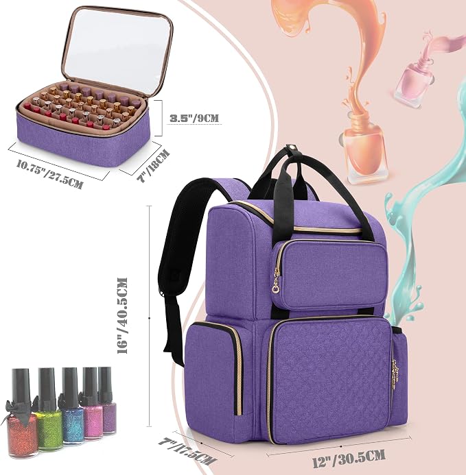 LUXJA Nail Polish Organizer Backpack Holds 70 Bottles and a UV Lamp | Travel Nail Bag with 2 Removable Cases, Ample Tools Storage Pockets, Adjustable Shoulder Straps, Trolley Sleeve, Purple - Image 6