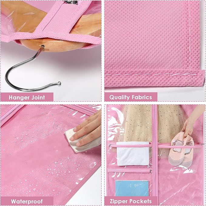 Univivi Dance Costume Bags Garment Bag 40 Inch Hanging Clothes for Dance Competitions, with 3 Medium Clear Zipper Pockets for Dance Costumes, Closet Storage (Pink) - 12 Pack - Image 3