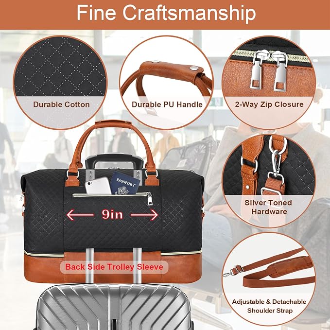 ITIEZY Weekender Overnight Bag for Women - Large Travel Duffel Bag with Shoe Compartment, Gym Duffel Bag Hospital Bag Carry On Tote Bags for Airplanes with Crossbody Bag Toiletry Bag 3Pcs Set - Image 6