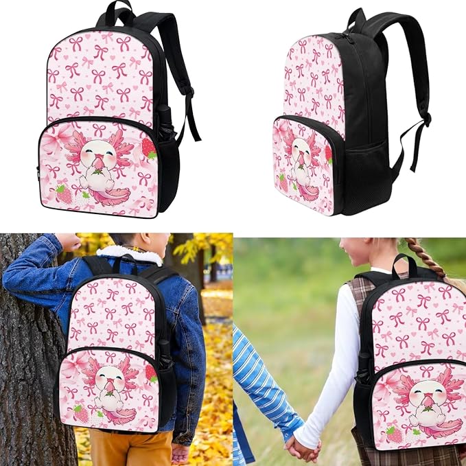 Bow Axolotl Backpack with Lunch Box Pencil Case 3 in 1, Kids School Bag Girls Bags Lightweight Backpacks for Travel Sports Gym - Image 2