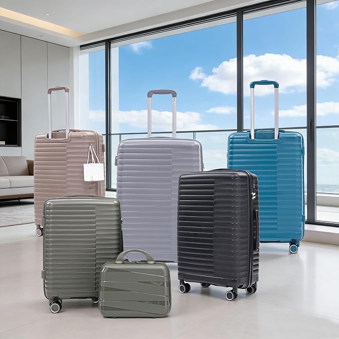 4-Piece PP Hardshell Luggage Set with 14" Cosmetic Case, 20"/24"/28" Spinner Suitcases,Carry On with Iron Telescopic Handle, Combination Lock,360° Double Silent Wheels,Waterproof Travel Set,Champagne - Image 4