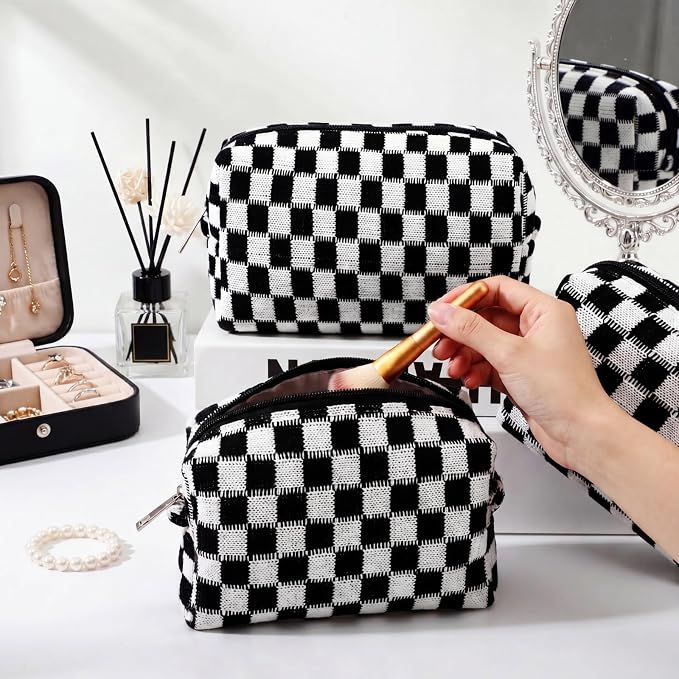 Gilprop 8 Pcs Checkered Makeup Bag for Purse Small Cosmetic Pouch Bulk Portable Zipper Makeup Pouch Travel Toiletry Organizer Gifts for Women Bridesmaid Wedding Party Favors (Black) - Image 3