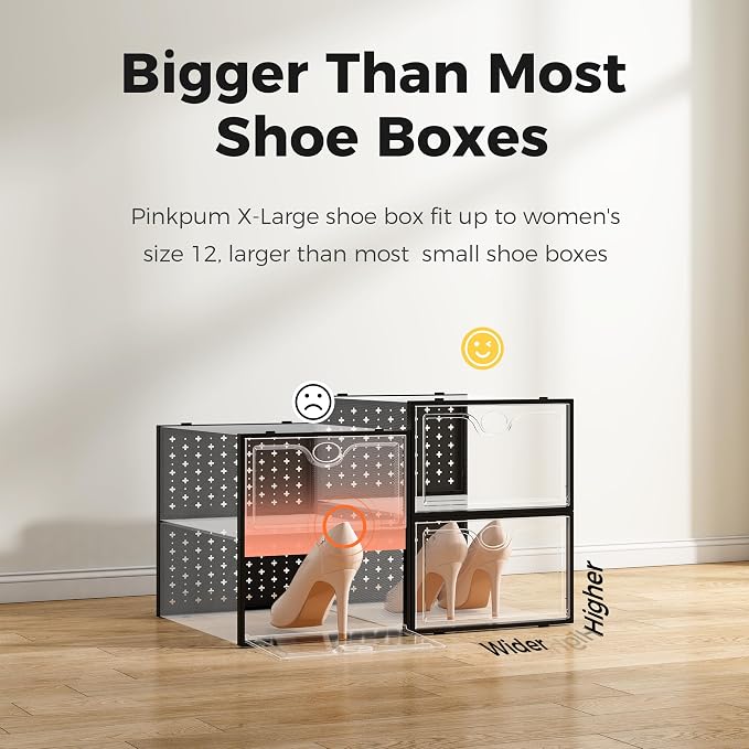 Pinkpum 12 Pcs XLarge Shoe & Sneaker Storage Organizer Box Clear Plastic Stackable Closet Black - Image 5