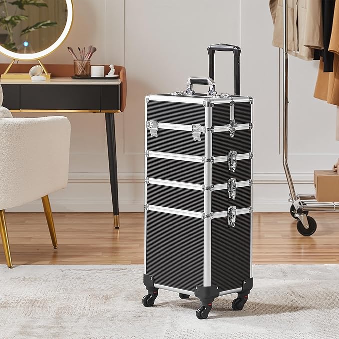 Yaheetech 5 in 1 Rolling Makeup Train Case, Lockable Black Cosmetology Cart | Extra large aluminum-trimmed nail storage cart with detachable tiers, a lipstick organizer, shoulder strap and smooth wheels - Image 9
