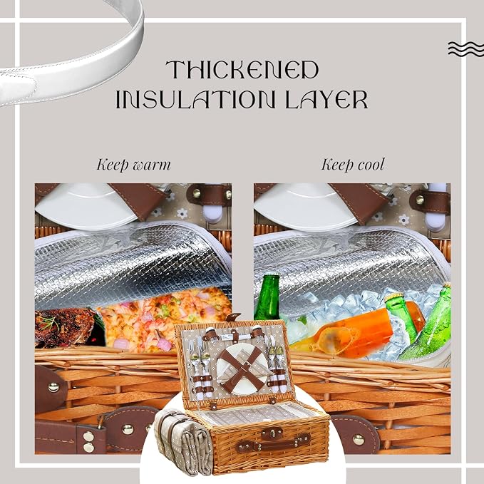 Picnic Basket Set for 4 with Waterproof Blanket Mat Insulation Bag Wicker Floral Brown Classic Fresh for Christmas Thanksgiving Wedding Birthday Camp Outdoor Beach Travel - Image 6