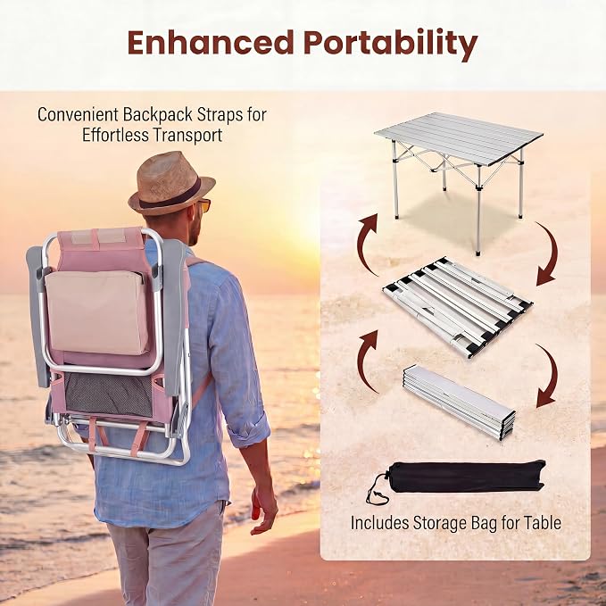 Giantex Folding Beach Chair, Patio Sling Chairs with 5 Adjustable Position, Head Pillow, Storage Bag, Towel Bar, Cup Holders, Backpack Chairs for Sunbathing, Camping Chair - Image 8