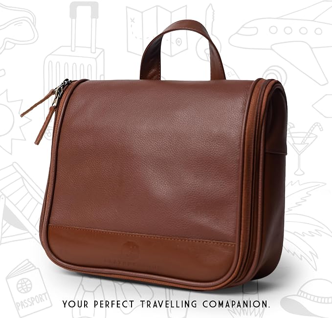 Sutton Handmade Genuine Cowhide Leather Hanging Toiletry Bag Travel Dopp Kit for Men and Women Caramel Brown - Image 7