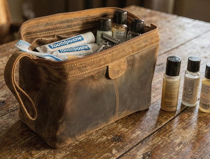 RUSTIC TOWN Full Grain Leather Toiletry Bag for Men – Wide Opening Dopp Kit with Metal Frame, Water-Resistant Travel Organizer for Shaving, Grooming & Accessories - Image 5