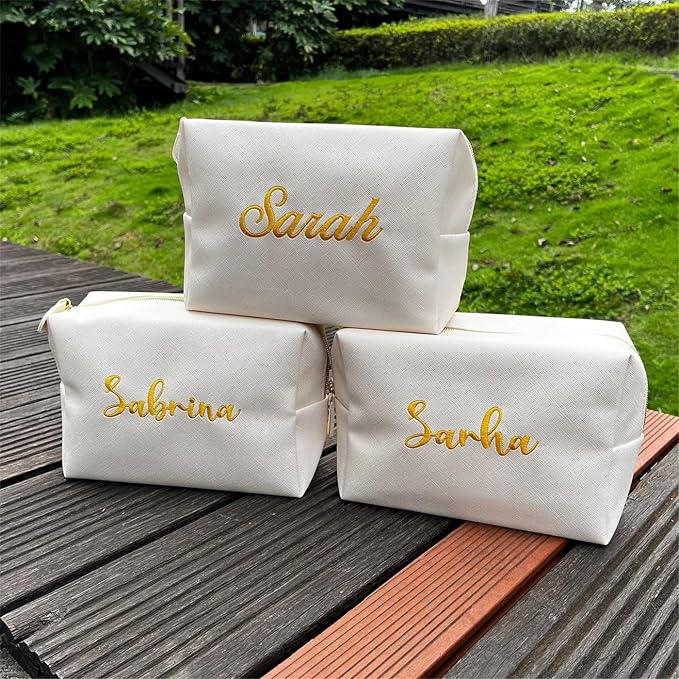 GOPHIE Embroidered Large Make up Bag,Personalized Skincare Bag,Cosmetic Travel Bags for Women Gift For Wedding,Set of 6, Beige - Image 6