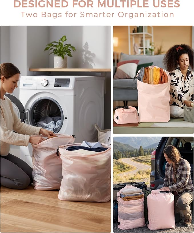 Travel Laundry Bag, Pump-Free Vacuum Compression Dirty Clothes Bag, Reusable Waterproof & Washable Laundry Bag, Wet and Dry Bag, Ideal for Suitcases, Road Trip Essentials (2 Pcs, L+L) Pink - Image 6