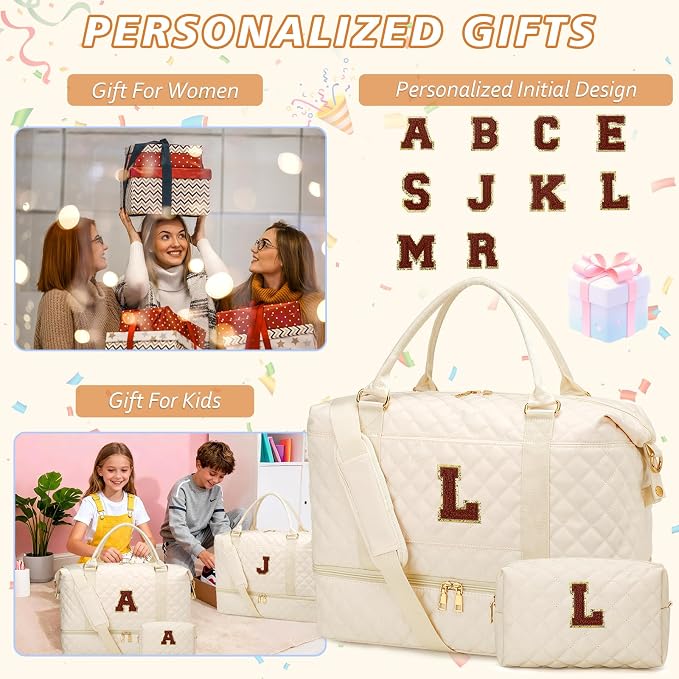 Gifts for Women Initial Travel Duffle Bag Quilted Weekender Bags Carry-On Overnight with Cosmetic Bag, Gym Bag with Shoe Compartment Hospital Bag for Women Labor Delivery, Beige-L - Image 3