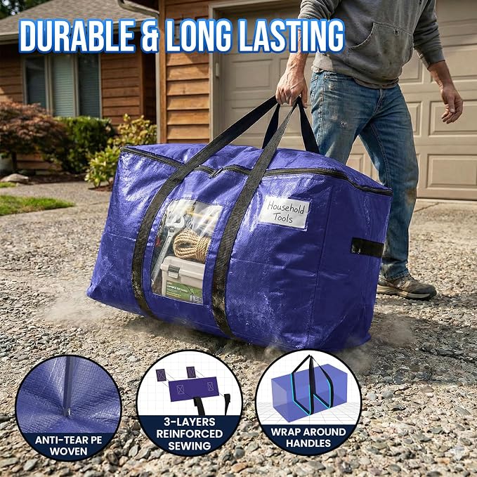 TAILI 12 Pack Dark Blue Extra Large Moving Bags, Heavy Duty Totes with Visible Window, Wrap Around Handles, Great for Space-Saving - Image 3