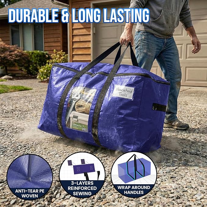 TAILI 8 Pack Dark Blue Extra Large Moving Bags, Heavy Duty Totes with Visible Window, Wrap Around Handles, Great for Storage - Image 3