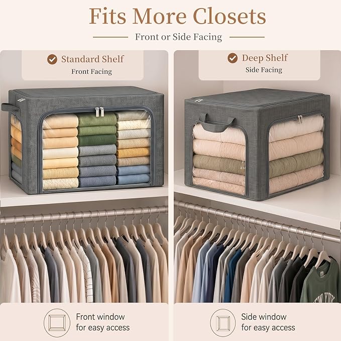 GoMaihe 3 Opening Clothes Storage Bins with Metal Frame, 66L Blanket Storage Organizer for Walk-in Closet Large Storage Boxes with Clear Window for Bedding Winter Clothing 3-Pack Grey - Image 3