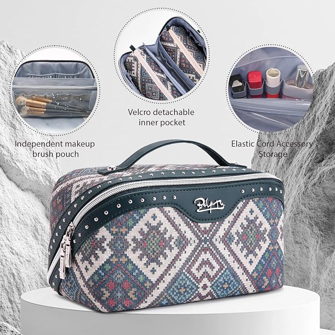 BOYATU Travel Makeup Bags for Women: Western Studded Boho Large Capacity Cosmetic Organizer - Wild, free, Punk Style - 3Pc Waterproof Toiletry Set with Blush Compartment - No Chaos & Easy Clean Blue - Image 2
