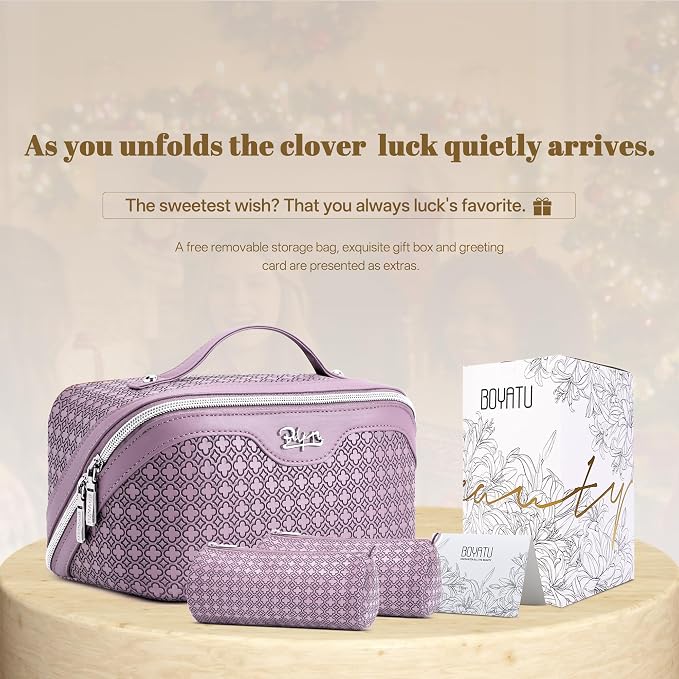 BOYATU Travel Makeup Bag for Women: Four Leaf Clover Large Capacity 3 Pcs Set Cosmetic Bags - Waterproof 50% Extra Space for Toiletry Organizer - Travel Essentials for Fortunate (02 Purple) - Image 6