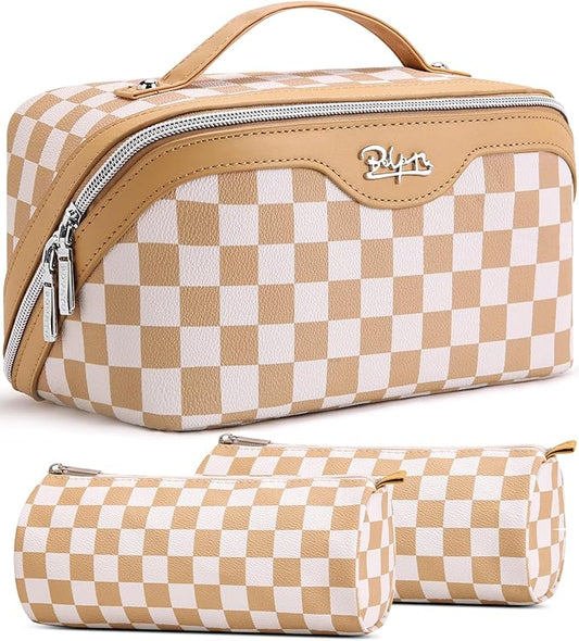 BOYATU Travel Makeup Bag Organizer Cosmetic Bag: 3 Pcs Set Make up Bags for Women with Handle - Waterproof Vegan Leather Toiletry Bag (01-G-Apricot) by BOYATU