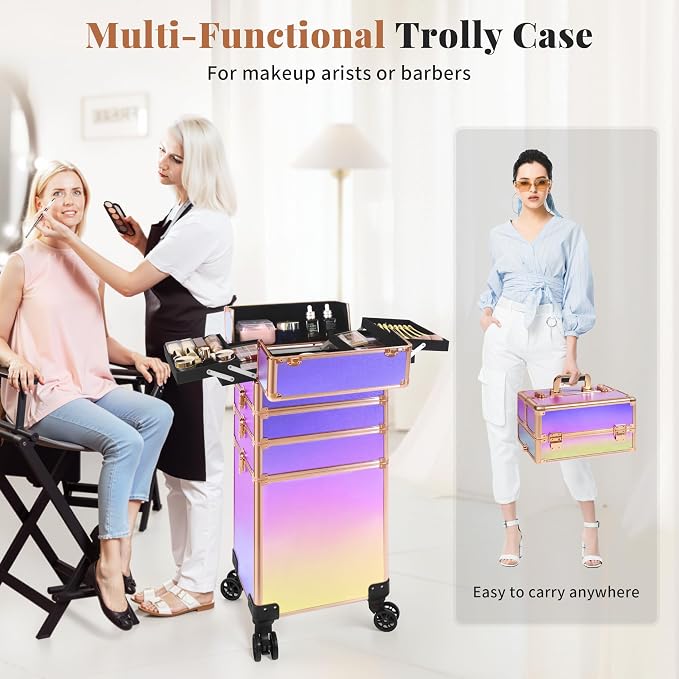 Rolling Makeup Train Case with Lid Cosmetology Case on Wheels | 5 in 1 Large Cosmetic Trolley Organizer Travel for Hairstylist Artist Nail Beauty Salon Barber Cart Trunk, Colorful - Image 7