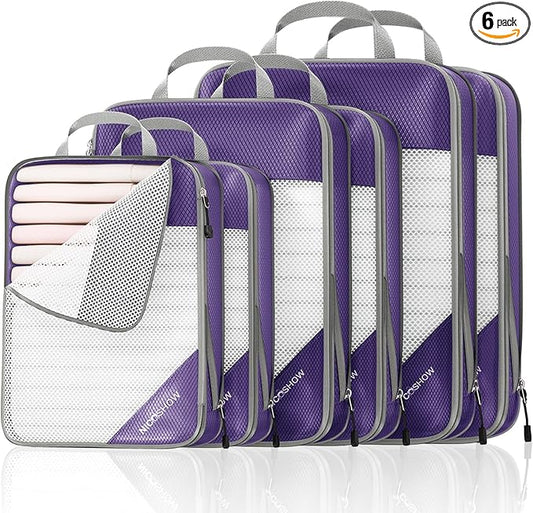 NICOSHOW Compression Packing Cubes 6 Set, Compressible Space-Saving Packing Cubes for Travel - Compression Bags, Luggage Organizer, Travel Essentials for Women, Purple by NICOSHOW