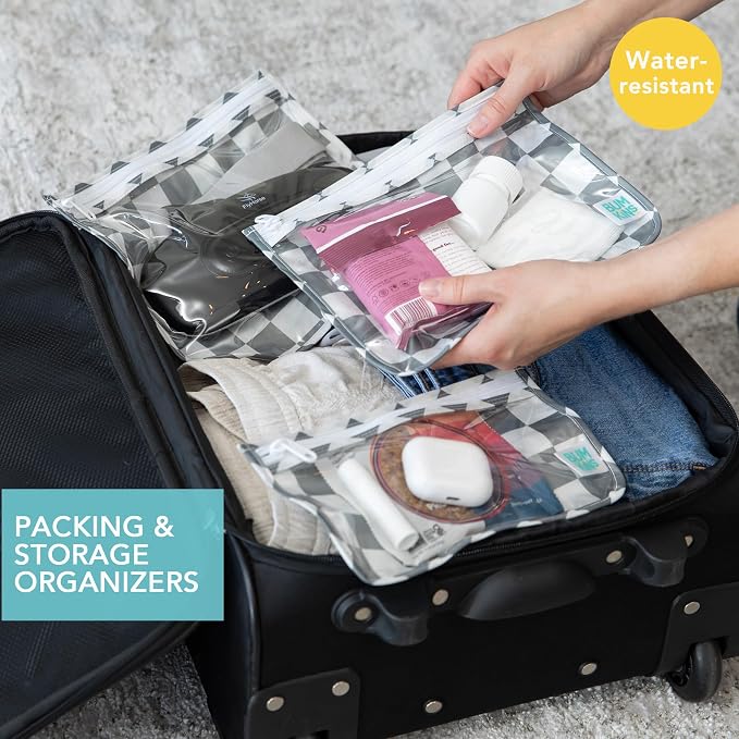 Bumkins - Waterproof Wet Bag, Wet/Dry Clutch & Clear Travel Bags - For Beach, Baby, Travel, Cloth Diapers, Pump Parts, Pool, Gym, Toiletries - Reusable & Easy to Clean - Gray Check - 5 Pack - Image 2