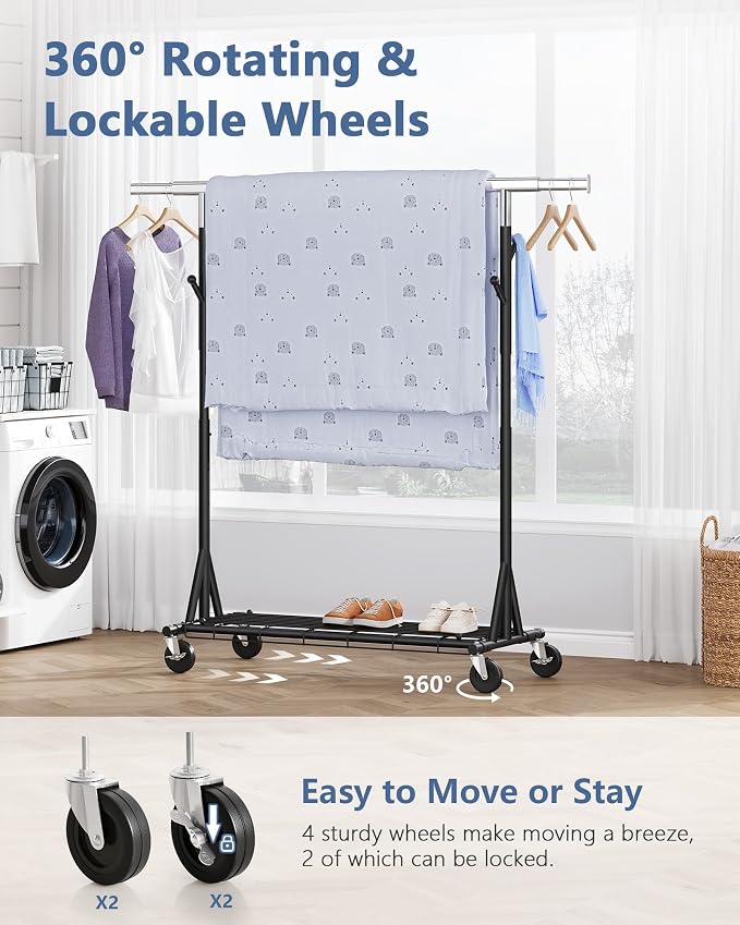 Hoctieon 1-Minute Assembly Clothes Rack, 480 lbs Heavy Duty Rolling Clothing Racks with Wheels, Foldable Garment Rack, Extendable Hanging Bar, Adjustable Metal Pole with Hooks, Black - Image 3