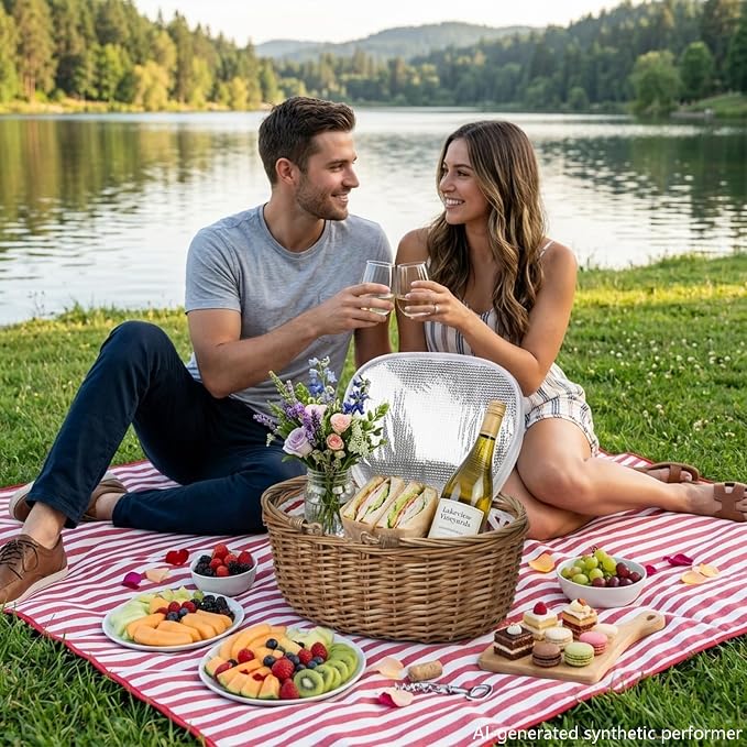 Wicker Picnic Basket with Insulated Lined Bag 15“ x 11” x 7“ Red, White Star Stripe Pattern, Iced Beer Insulated Bag for Camping, Picnics, Birthday Gifts, Wedding Gifts - Image 5
