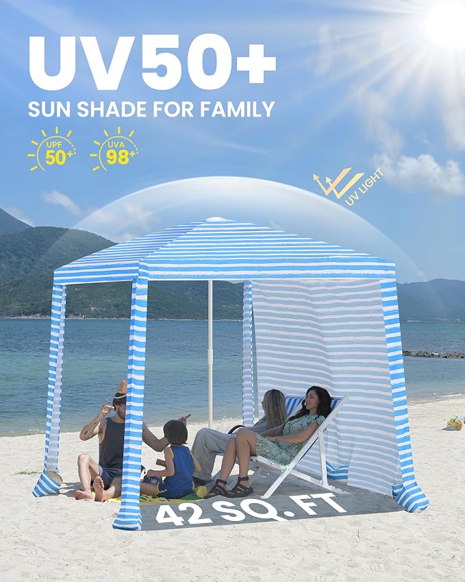 Qipi Beach Cabanas for Sand, Beach Canopy with Sandbags & Side Wall for Family, Easy Set Up Sun Shelter, UPF 50+ UV Protection with Roof Vent - Image 4