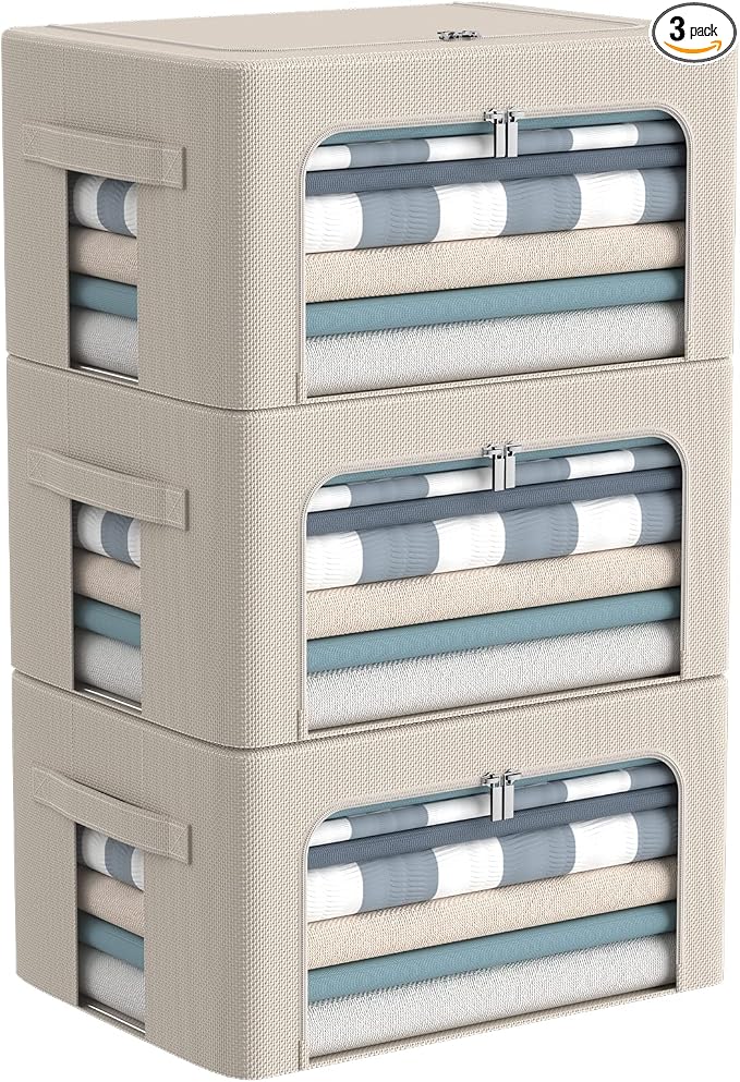 3Pack Frame Storage Box - Clothes Storage Bin Bags Oxford Fabric Foldable Stackable Container Organizer Set with Clear Window & Carry Handles Large Capacity (Beige, Small-22L) by CYhom