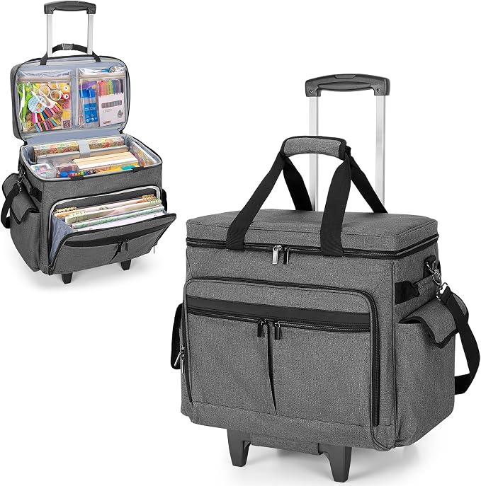 Trunab Rolling Scrapbook Tote with File Pocket & Trolley, Craft Organizer | Expandable File Pocket, Detachable Trolley, Padded Sleeves for 15.6" Laptop, Scrapbooking Supplies & Art Tools by Trunab