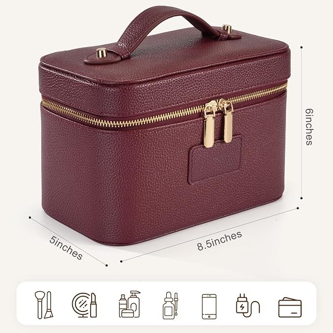 Makeup Bag Travel Toiletry Leather Cosmetic Case, Waterproof Makeup Organizer with Brush Holder, Wipe Clean Removable Divider Vanity Train Bag for Women, Burgundy - Image 3