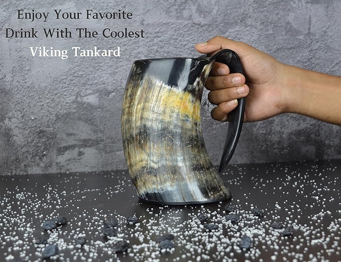 OLDEMPEROR Viking Drinking Horn Mug -16 Oz - Chirstmas Gifts for Men, Women, Dad, Husband - Unique Handmade for Hot & Cold - Food Grade Medieval Style Ale Beer & Mead Cup