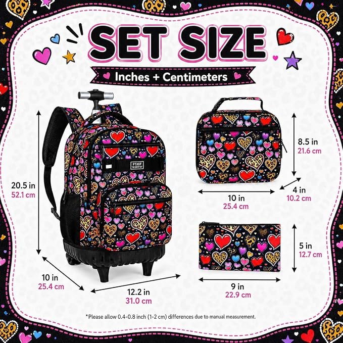 3Pcs Rolling Backpack for Girls, 19 Inche Women Roller Bag with Wheels for Adults, Wheeled Bookbag with Lunch Box(Brown) - Image 4