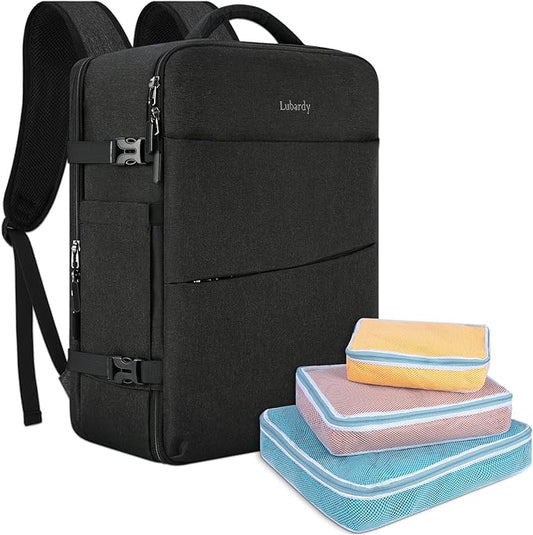 Lubardy Travel Backpack for Men Women 17 Inch Flight Approved Carry on Backpack Waterproof Large 40L Luggage Daypack Business College Weekender Overnight Laptop Backpack with 3 Packing Cubes, Black by Lubardy
