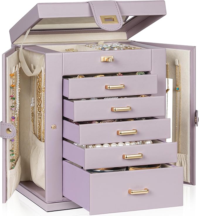 AKOZLIN 6-Tier Jewelry Box Organizer Functional 5 Drawers Leather Jewelry Storage Case for Women Girls Ring Necklace Earring Bracelet Holder Organizer with Mirror Purple 360° Rotating by AKOZLIN