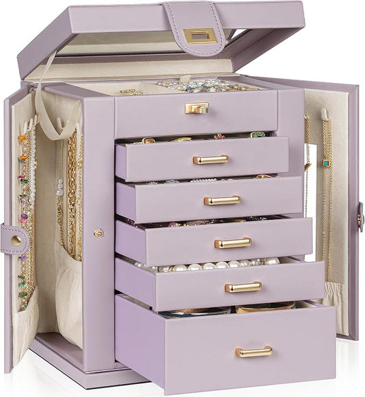 AKOZLIN 6-Tier Jewelry Box Organizer Functional 5 Drawers Leather Jewelry Storage Case for Women Girls Ring Necklace Earring Bracelet Holder Organizer with Mirror Purple 360° Rotating by AKOZLIN