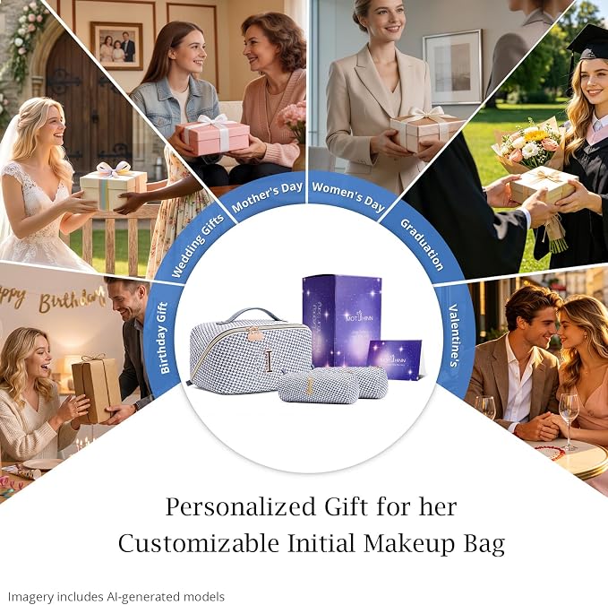 Personalized Gift Travel Makeup Bag: Initial Makeup Organizer Bag for Women | 3-in-1 Custom Make up Bag Set - Vegan Leather Travel Cosmetic Bag - Luxury Gift for Women – Birthday, Anniversary, Graduation - Image 7