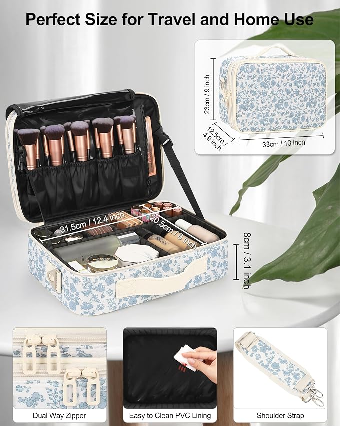 Relavel Large Makeup Bag, Cute Cosmetic Bags for Women and Girls Travel Makeup Organizer Bag Train Case 13.8 inches Makeup Brush Holder and Storage with Adjustable Dividers, Floral Print - Image 6