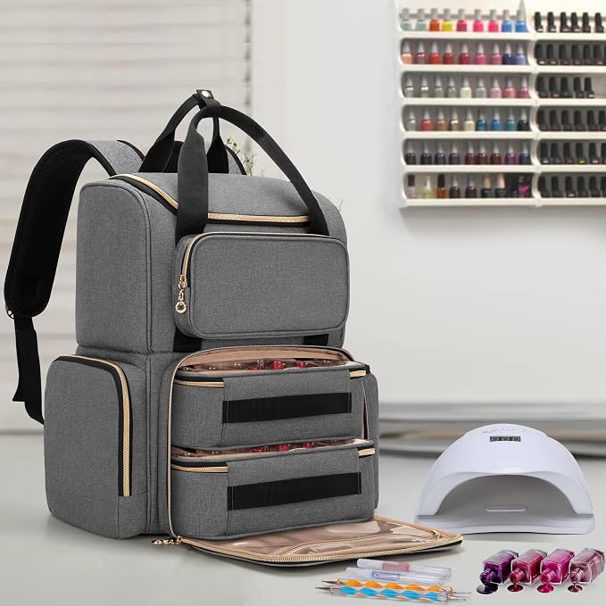 LUXJA Nail Polish Organizer Backpack Holds 70 Bottles and a UV Lamp | Travel Nail Bag with 2 Removable Cases, Ample Tools Storage Pockets, Adjustable Shoulder Straps, Trolley Sleeve, Gray - Image 8